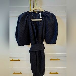 Mango Puff Sleeve Black Mini Dress with Waist Tie Small